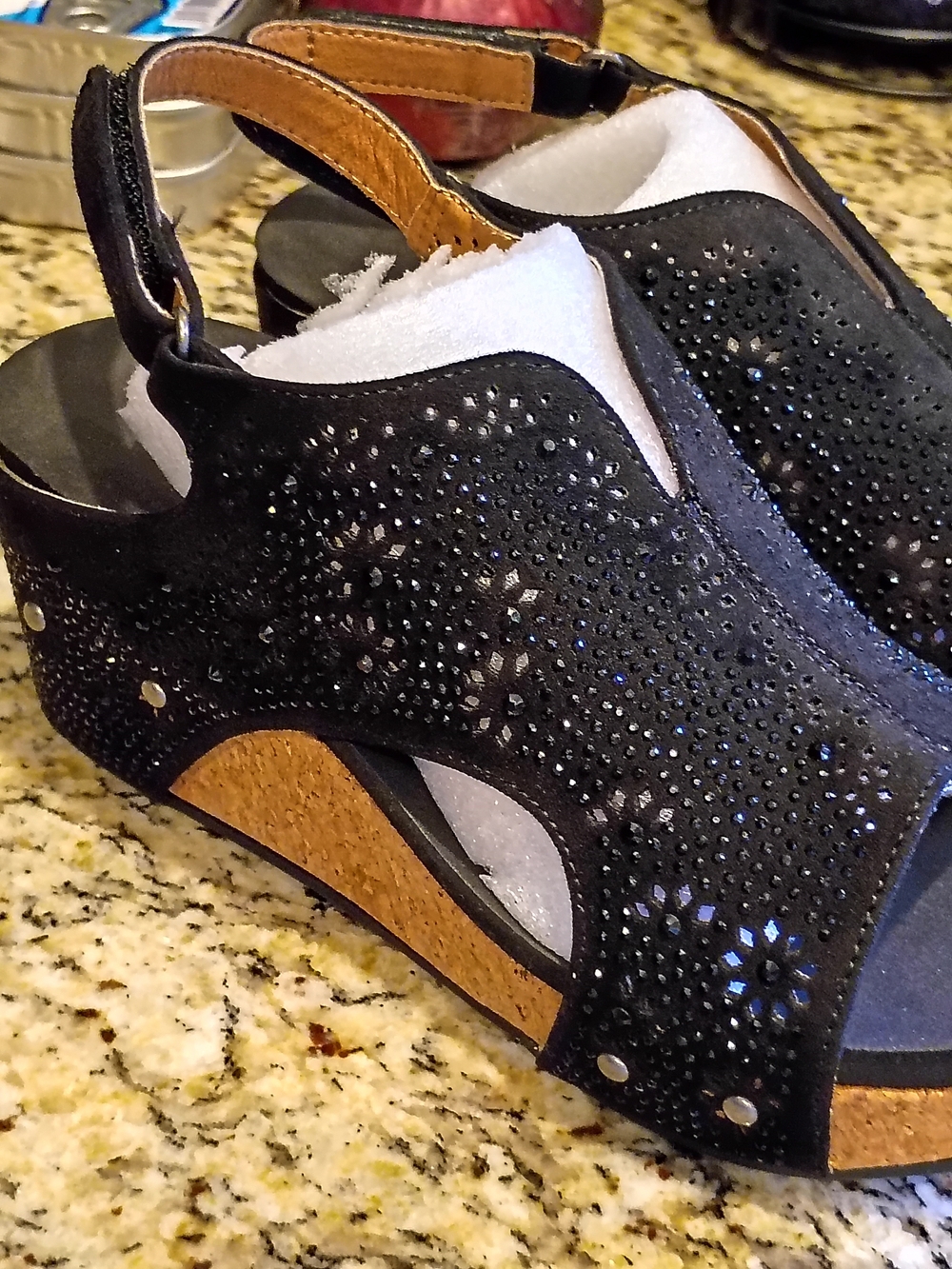 Black Women's Wedge Sandals with Rhinestone Detail Size 9